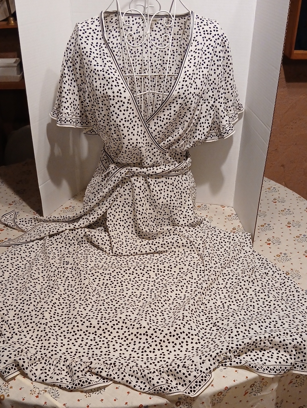 Max Studio Cream Wrap Maxi Dress with Black Dot Print